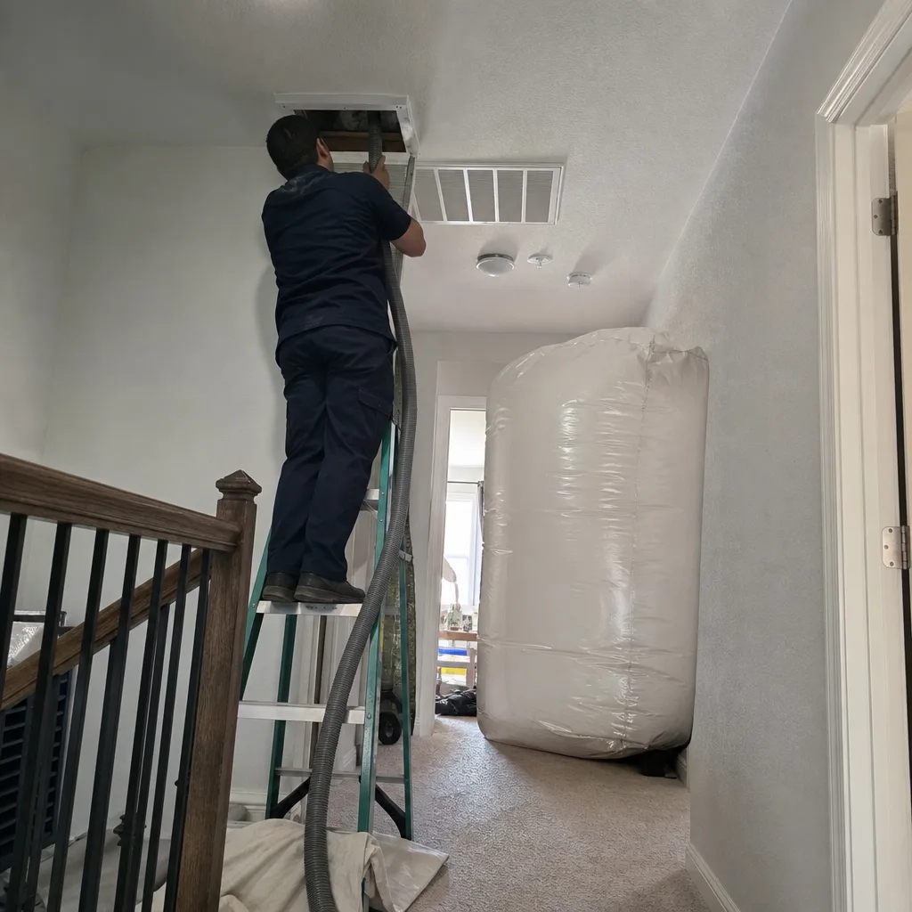 Technician performing professional air duct cleaning service in a residential hallway