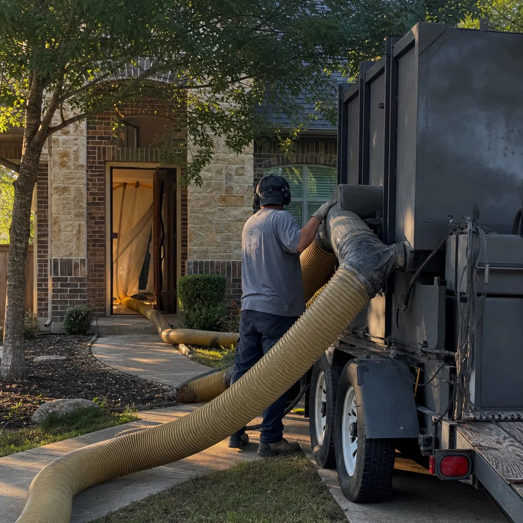 Technician operating professional air duct cleaning equipment outside a residential home