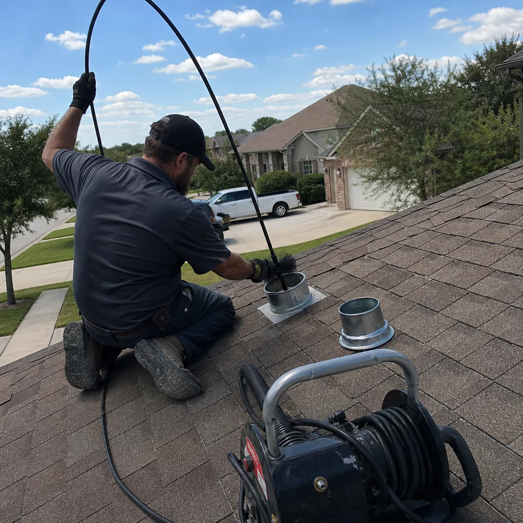 Technician performing professional residential dryer vent cleaning on a rooftop