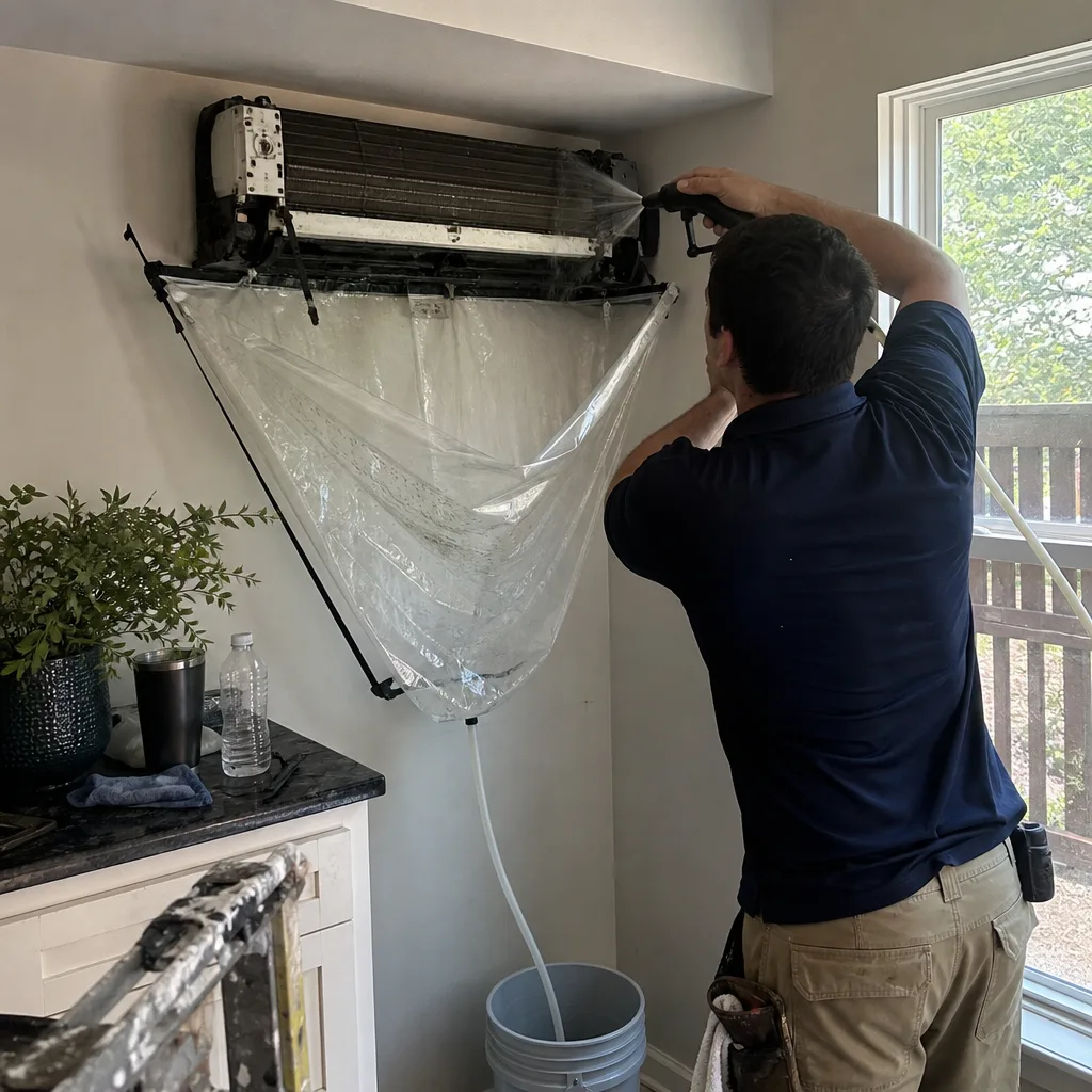 Technician performing professional air conditioner maintenance and deep cleaning service