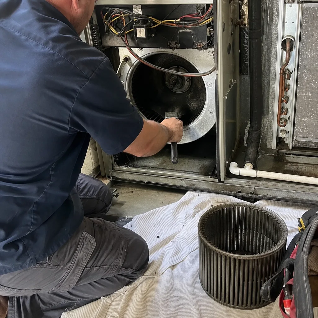 HVAC technician cleaning an air conditioner blower wheel and housing