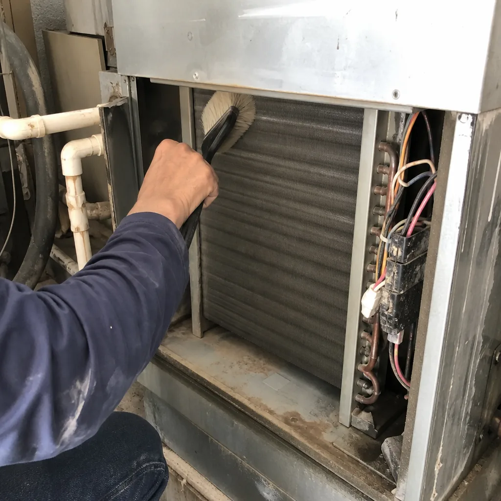 HVAC technician cleaning dusty air conditioner cooling coils with a brush